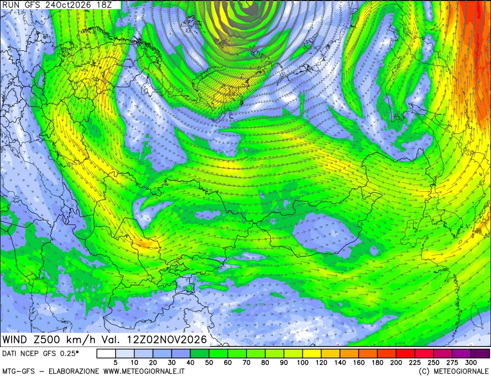 mappa 500 hPa Vento forza e direzione
