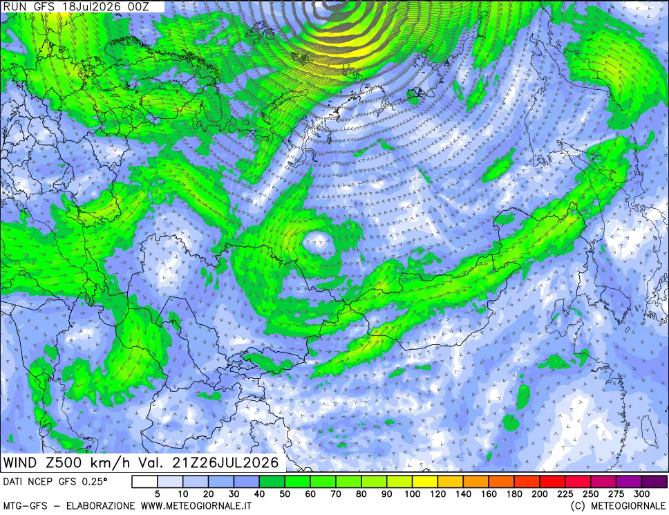 mappa 500 hPa Vento forza e direzione