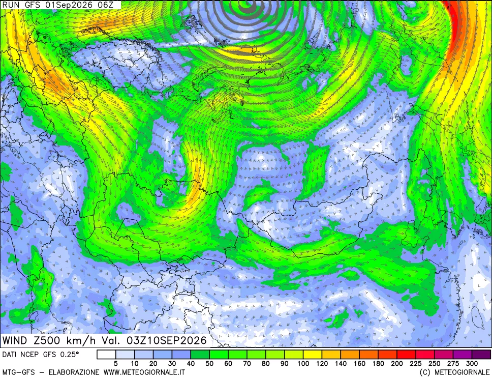 mappa 500 hPa Vento forza e direzione