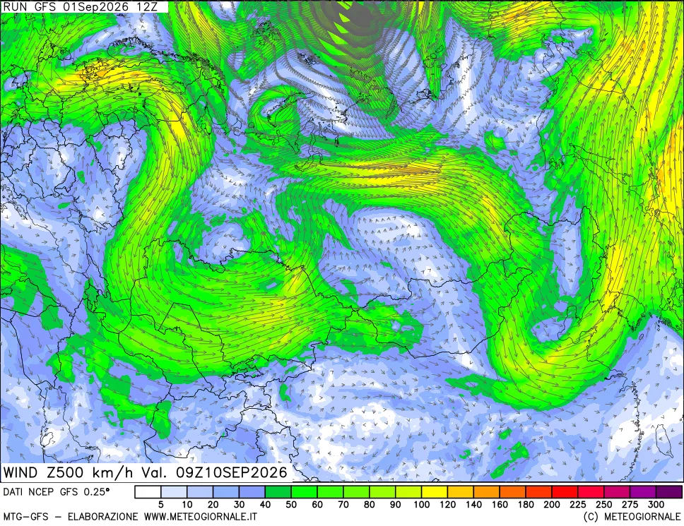 mappa 500 hPa Vento forza e direzione