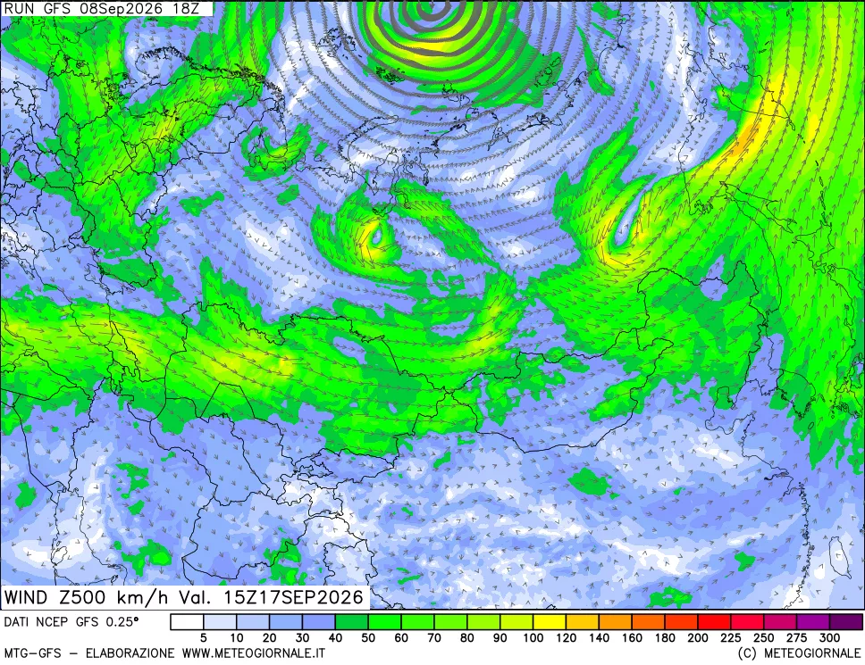 mappa 500 hPa Vento forza e direzione