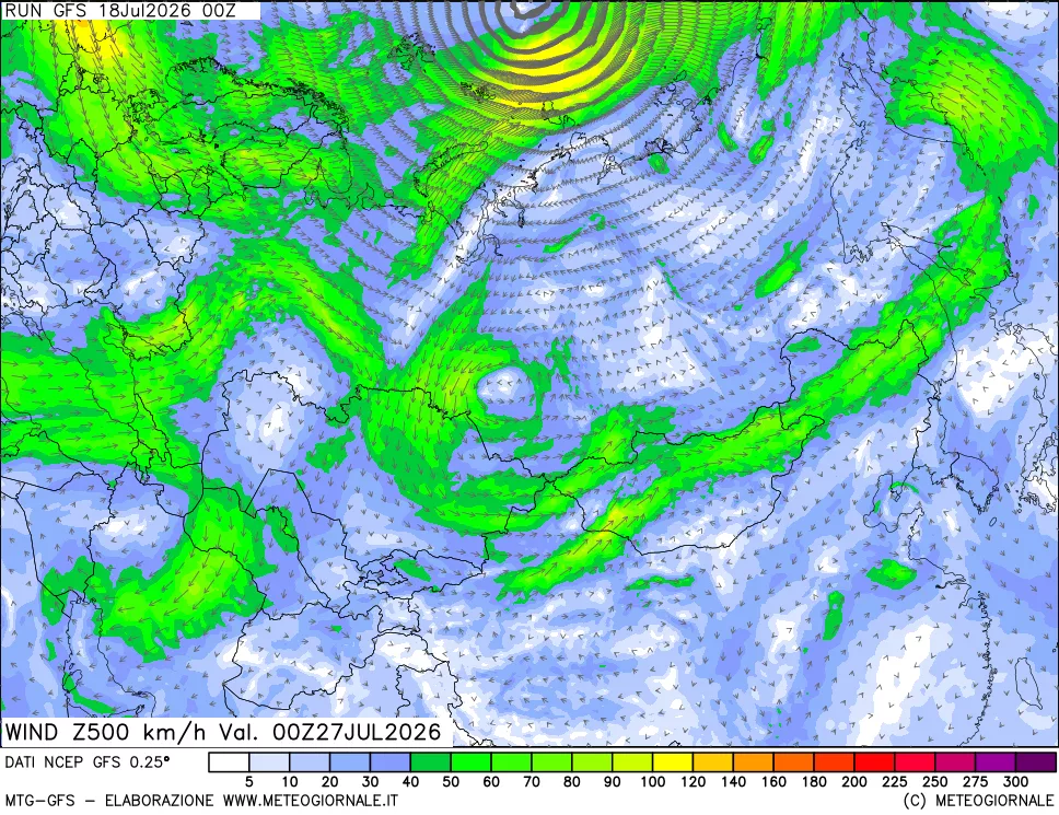 mappa 500 hPa Vento forza e direzione