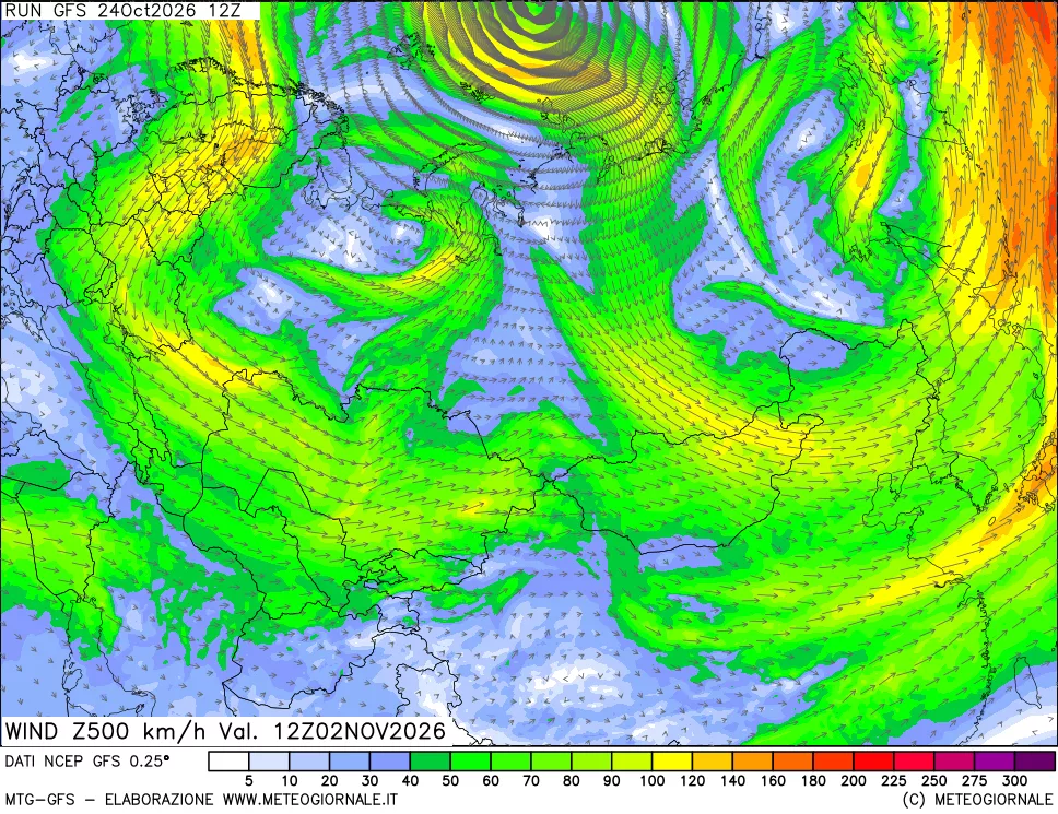 mappa 500 hPa Vento forza e direzione