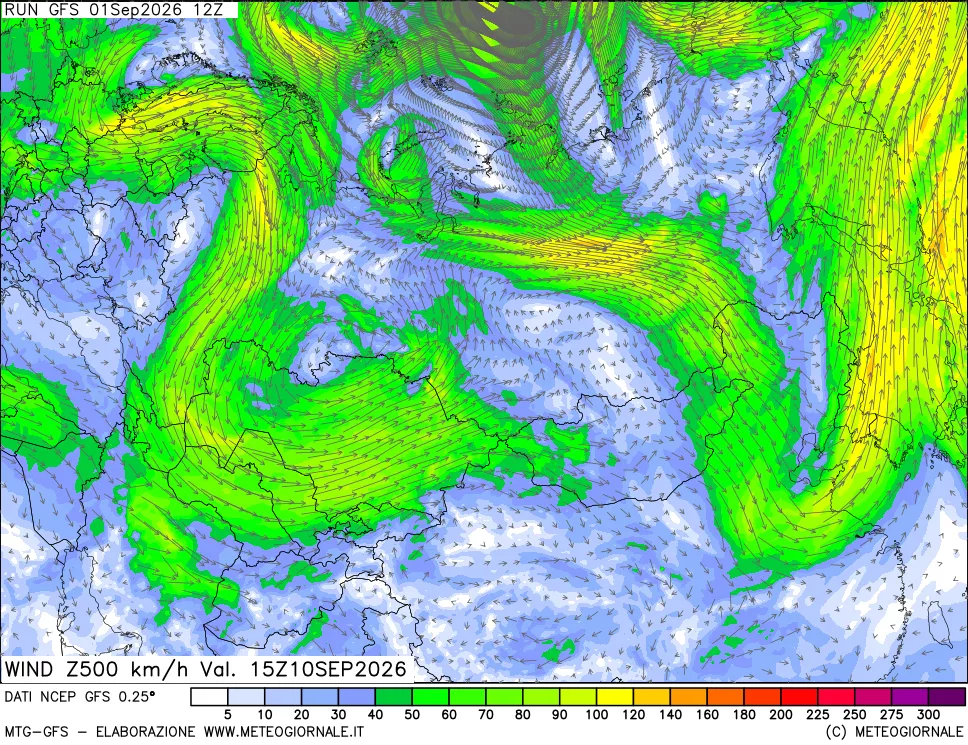 mappa 500 hPa Vento forza e direzione