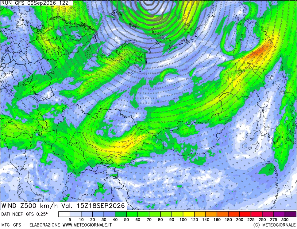 mappa 500 hPa Vento forza e direzione