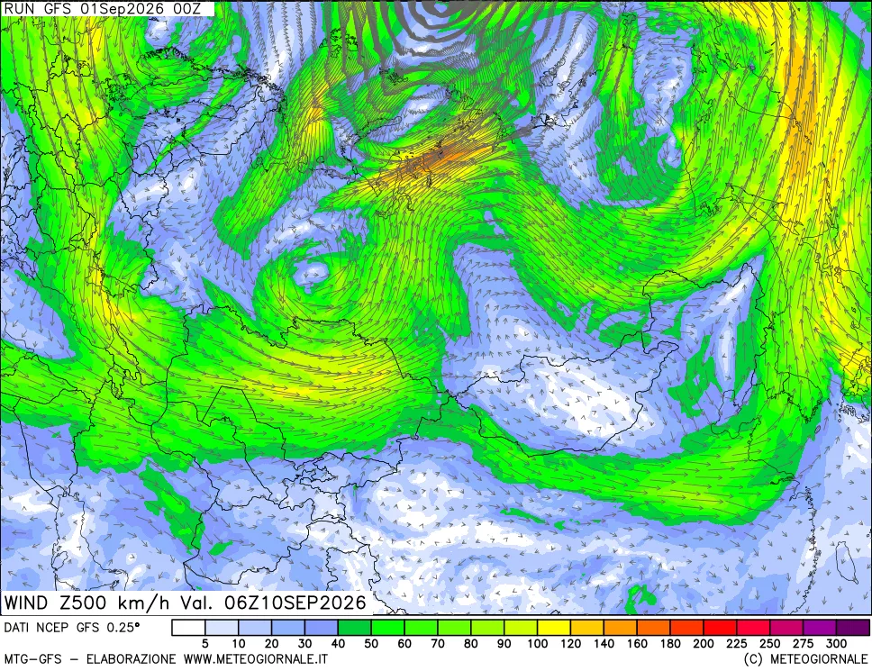 mappa 500 hPa Vento forza e direzione