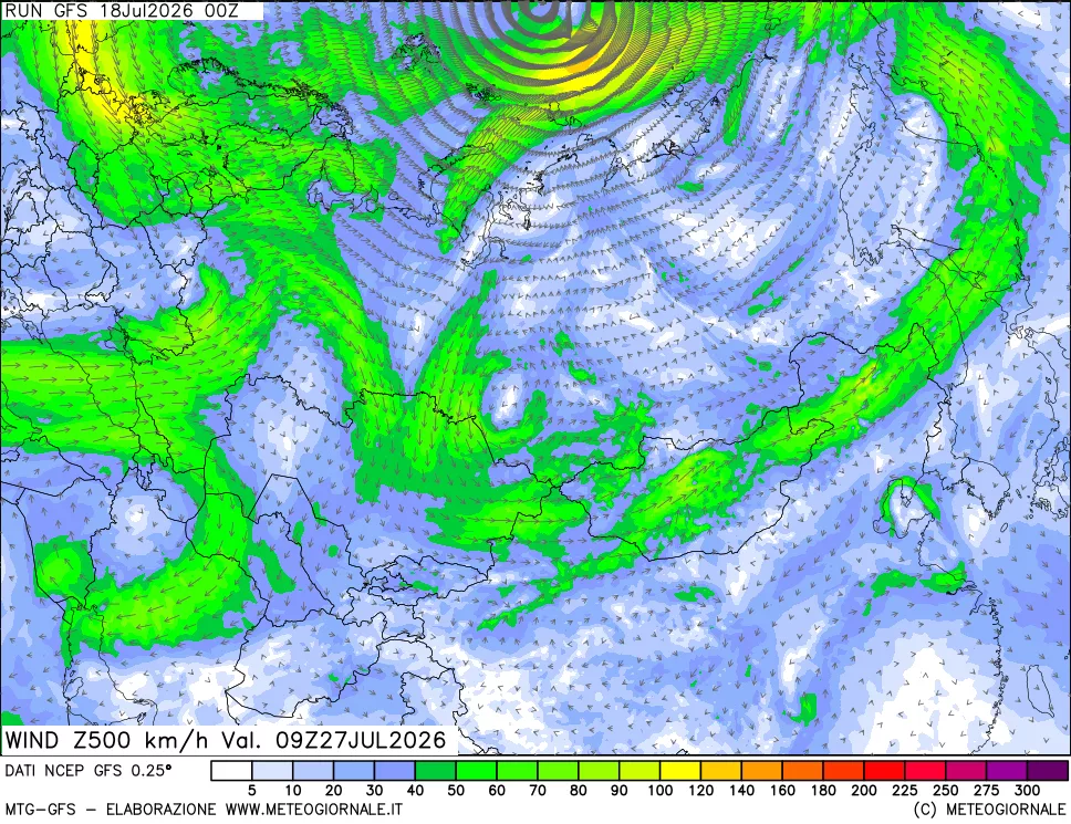 mappa 500 hPa Vento forza e direzione