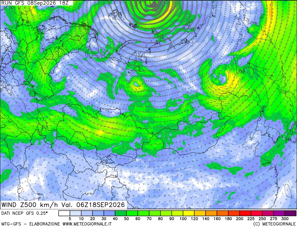 mappa 500 hPa Vento forza e direzione