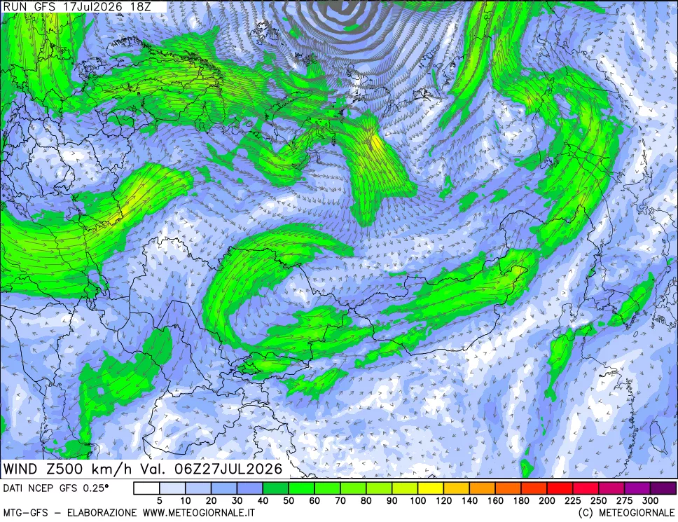 mappa 500 hPa Vento forza e direzione