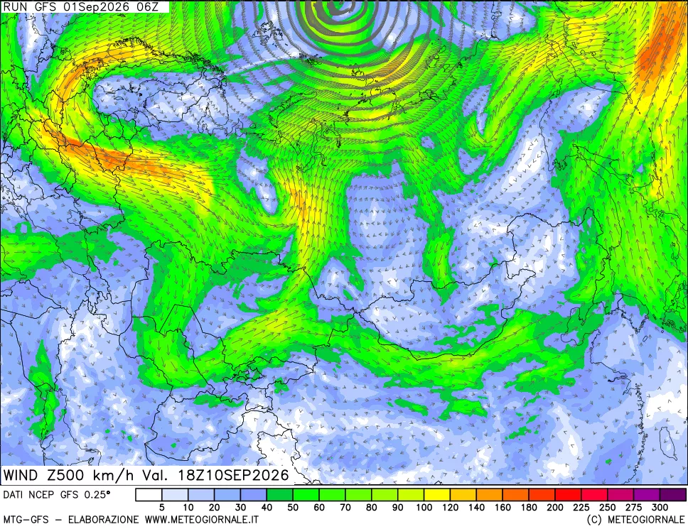mappa 500 hPa Vento forza e direzione