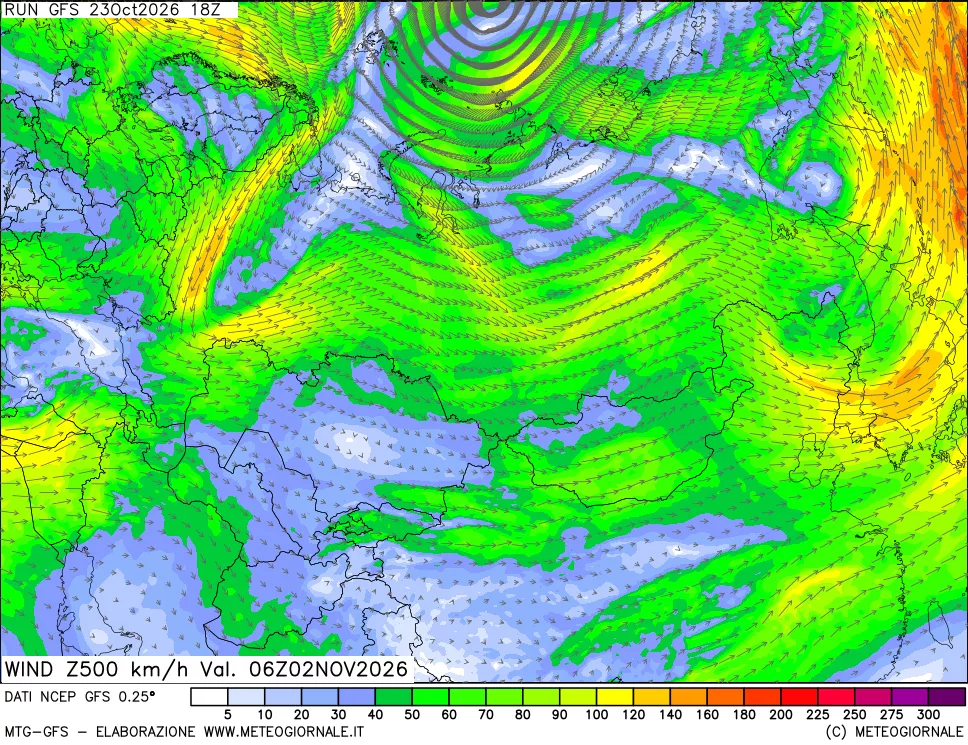 mappa 500 hPa Vento forza e direzione