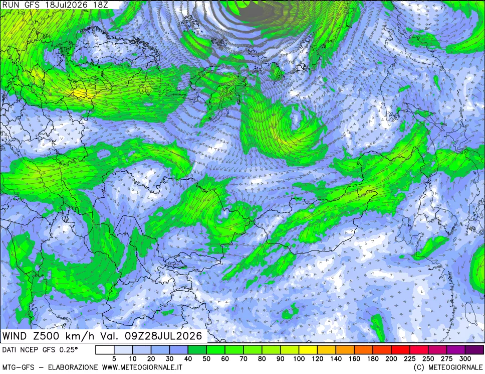 mappa 500 hPa Vento forza e direzione