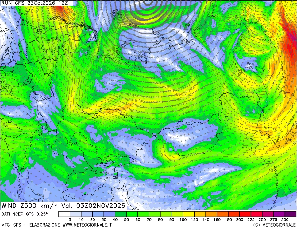mappa 500 hPa Vento forza e direzione