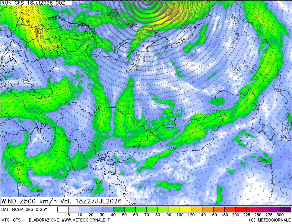 mappa 500 hPa Vento forza e direzione