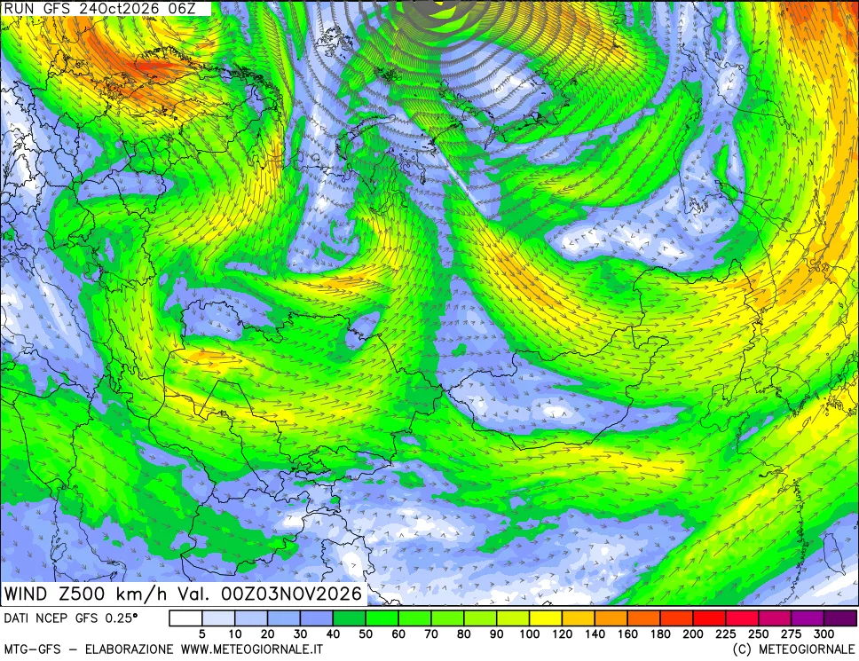 mappa 500 hPa Vento forza e direzione