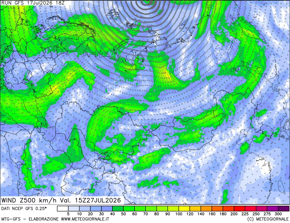 mappa 500 hPa Vento forza e direzione