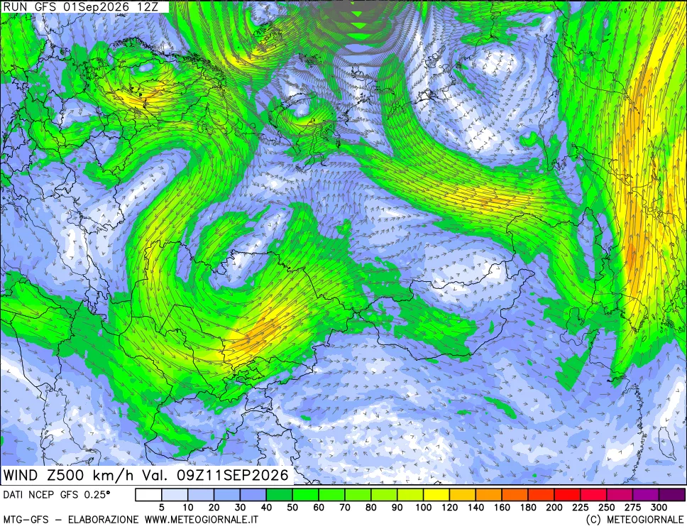 mappa 500 hPa Vento forza e direzione