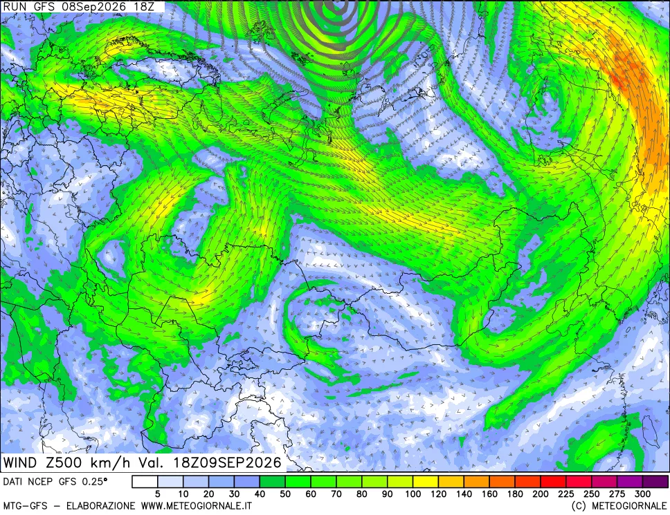 mappa 500 hPa Vento forza e direzione