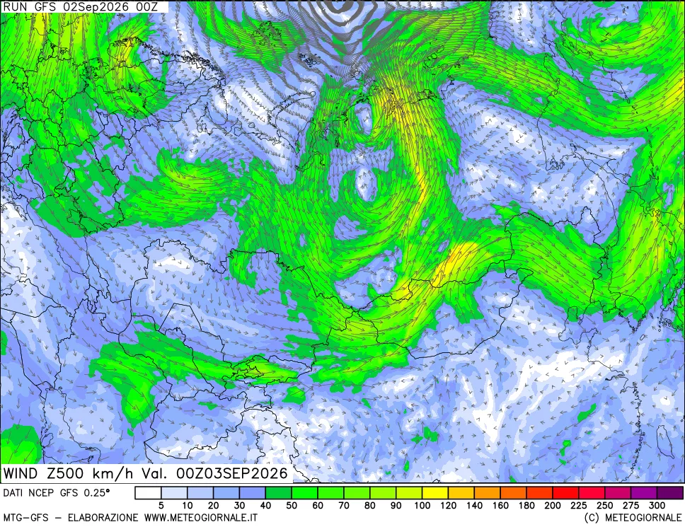 mappa 500 hPa Vento forza e direzione