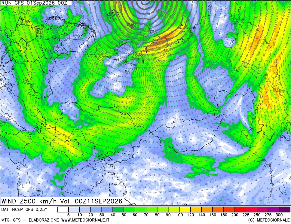 mappa 500 hPa Vento forza e direzione