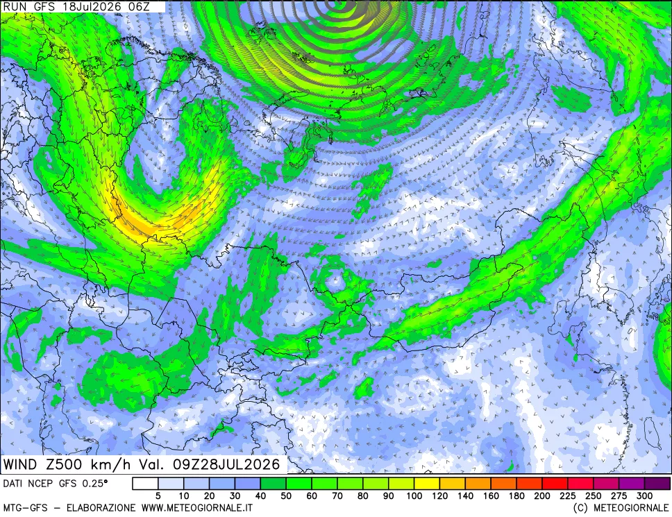 mappa 500 hPa Vento forza e direzione