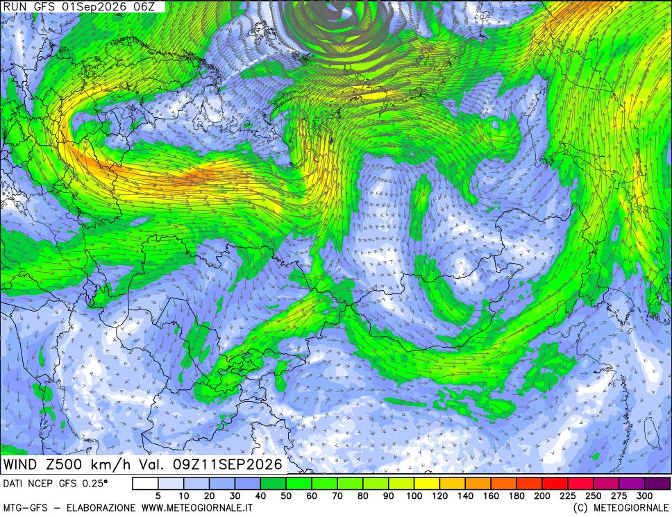 mappa 500 hPa Vento forza e direzione