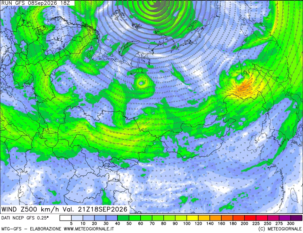 mappa 500 hPa Vento forza e direzione