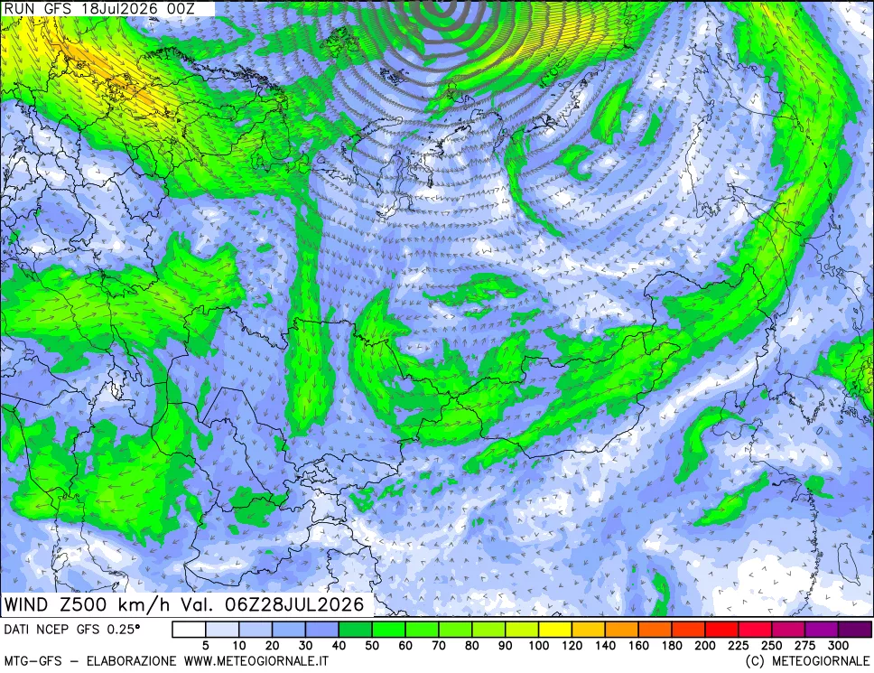 mappa 500 hPa Vento forza e direzione