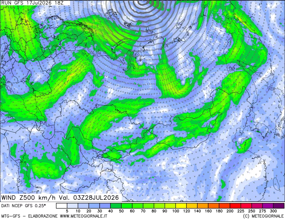 mappa 500 hPa Vento forza e direzione