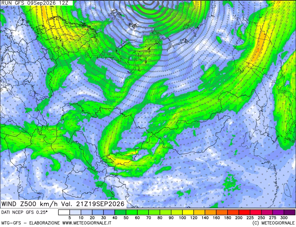 mappa 500 hPa Vento forza e direzione