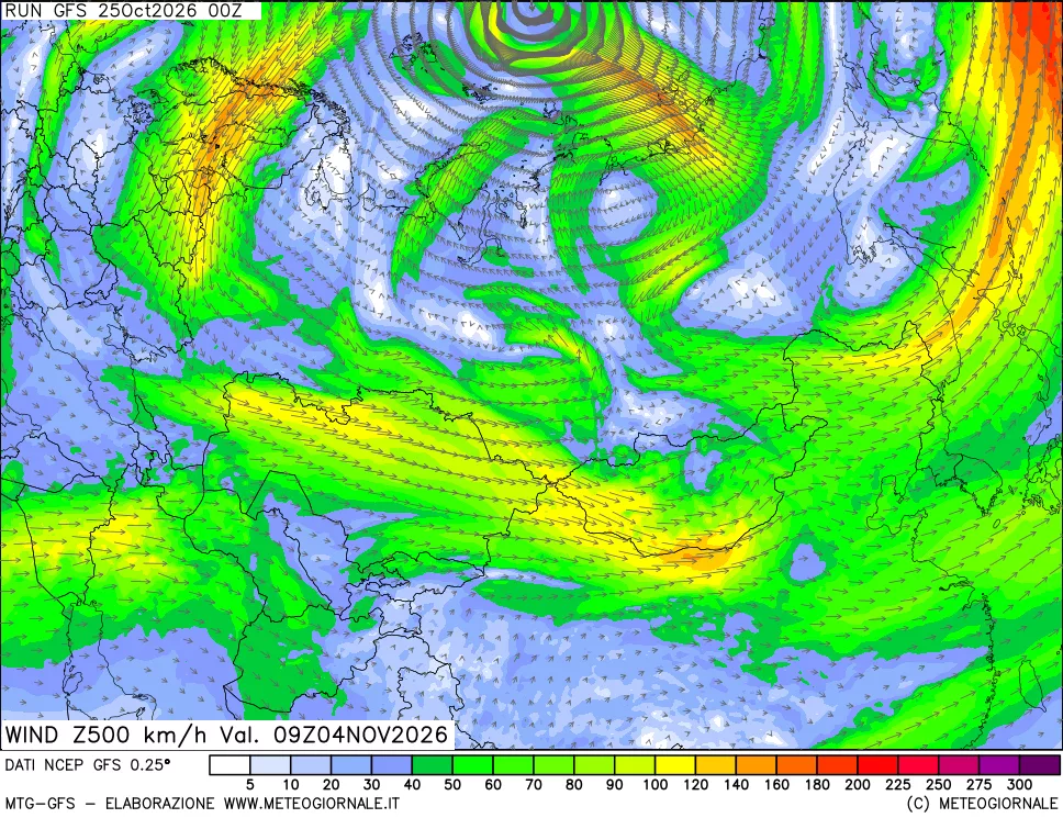 mappa 500 hPa Vento forza e direzione