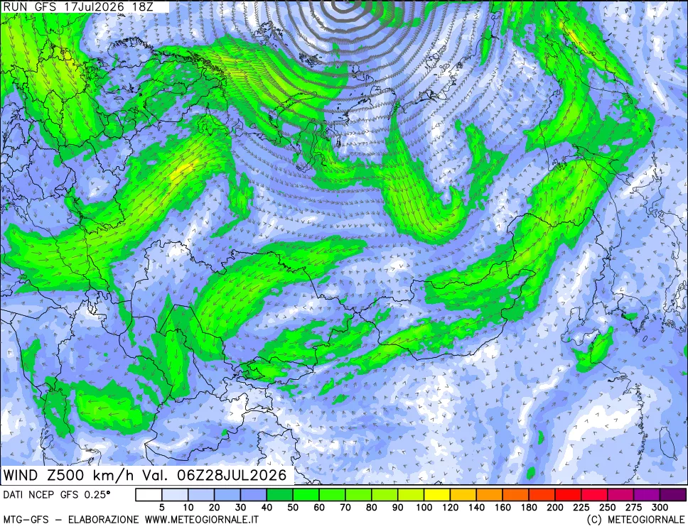 mappa 500 hPa Vento forza e direzione