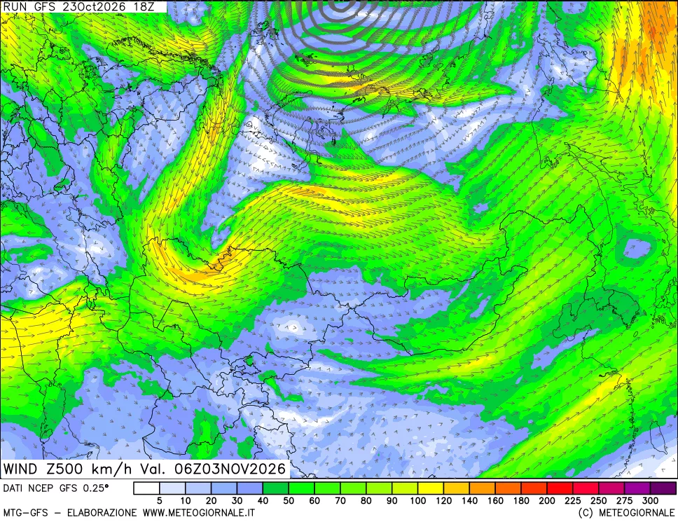 mappa 500 hPa Vento forza e direzione