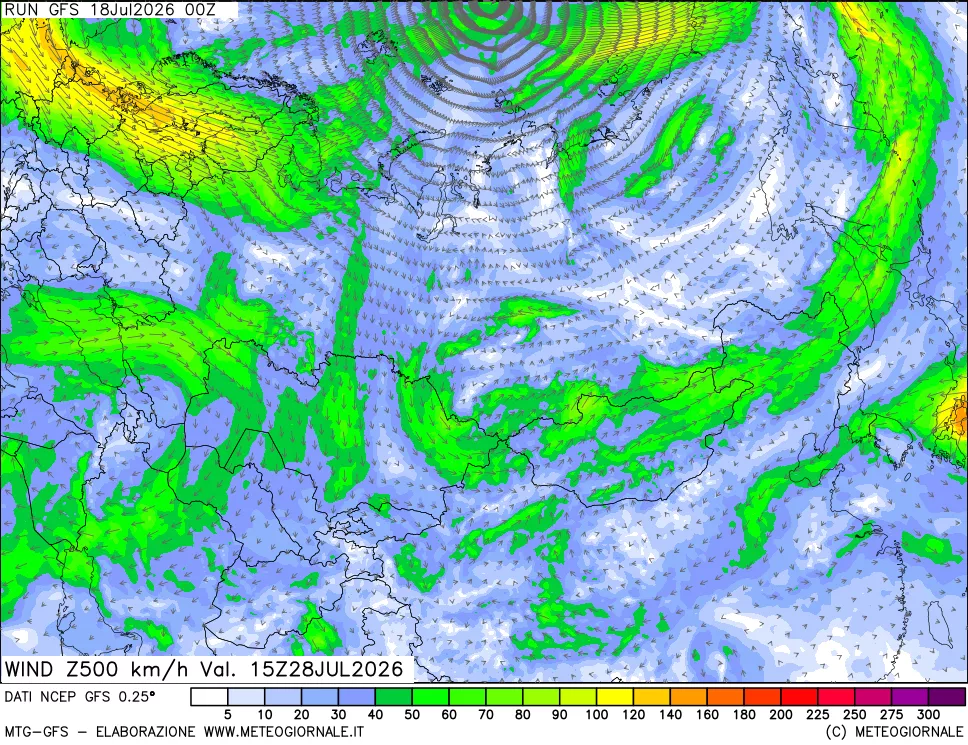 mappa 500 hPa Vento forza e direzione