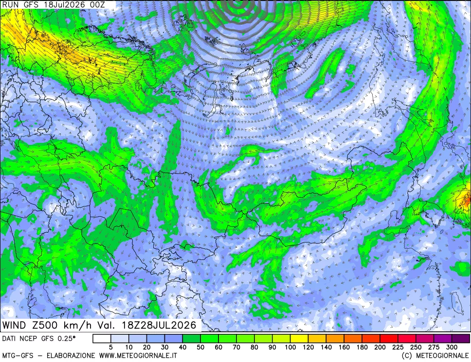 mappa 500 hPa Vento forza e direzione
