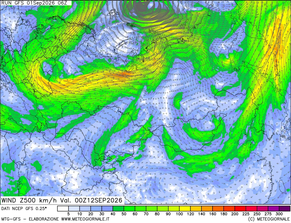 mappa 500 hPa Vento forza e direzione