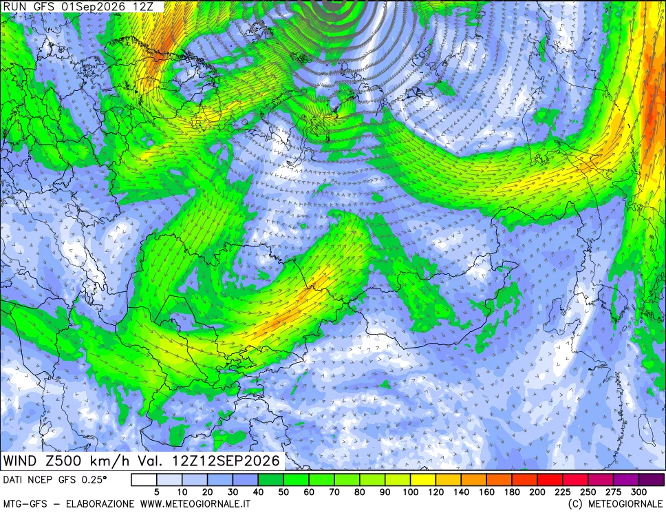 mappa 500 hPa Vento forza e direzione