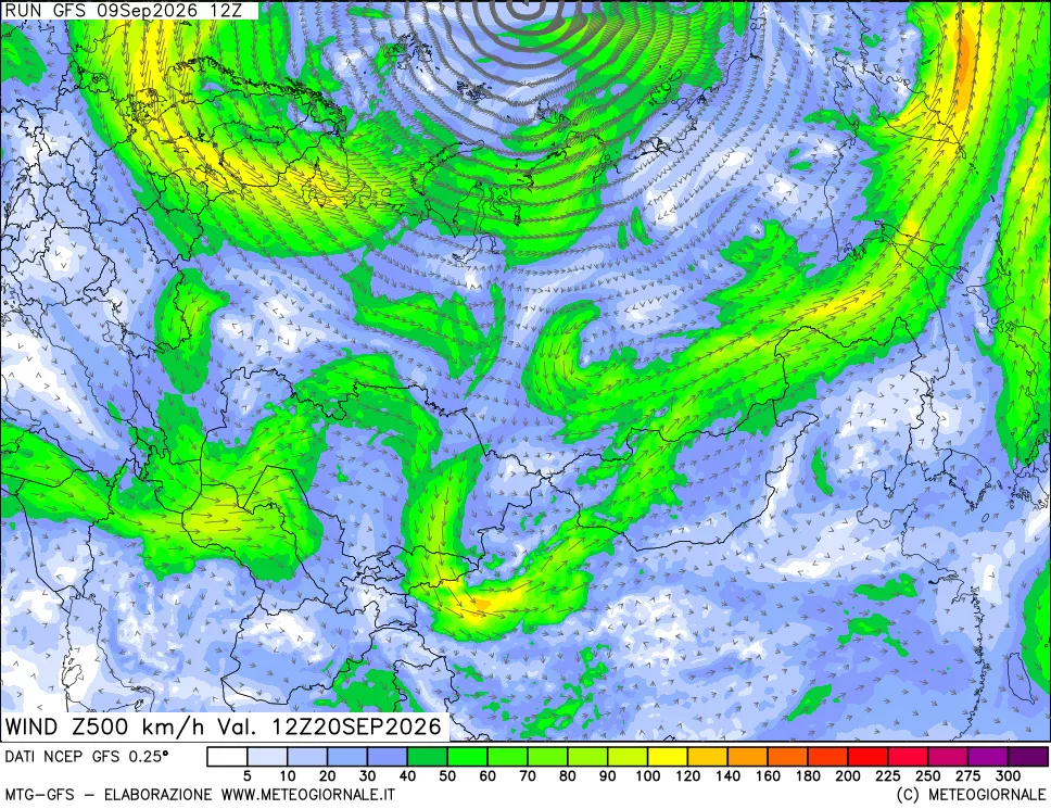 mappa 500 hPa Vento forza e direzione