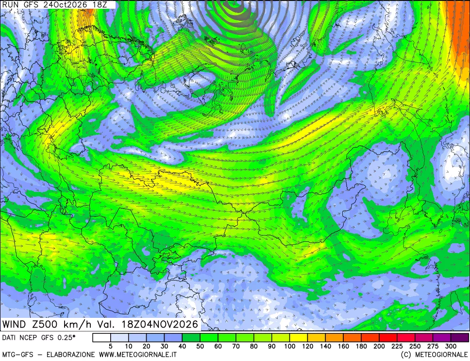 mappa 500 hPa Vento forza e direzione