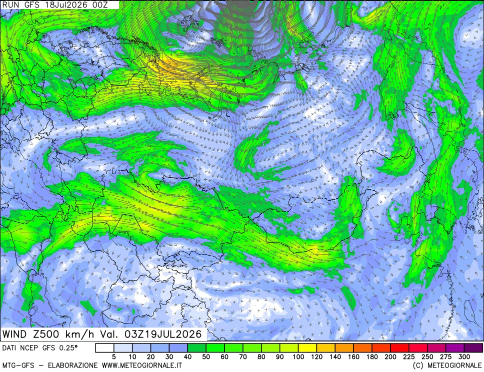 mappa 500 hPa Vento forza e direzione