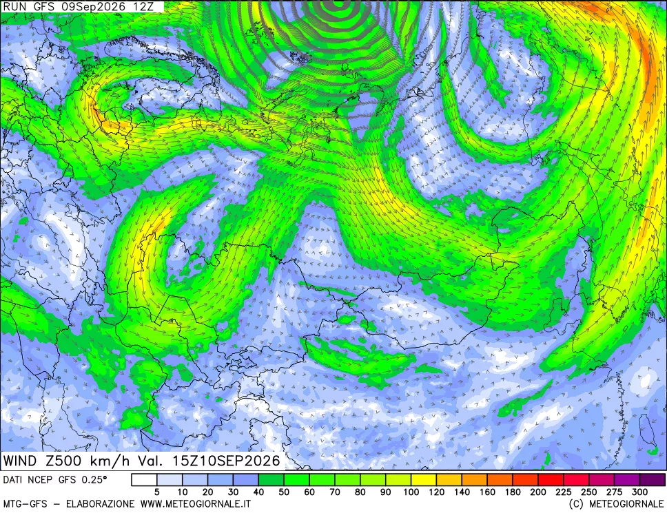 mappa 500 hPa Vento forza e direzione