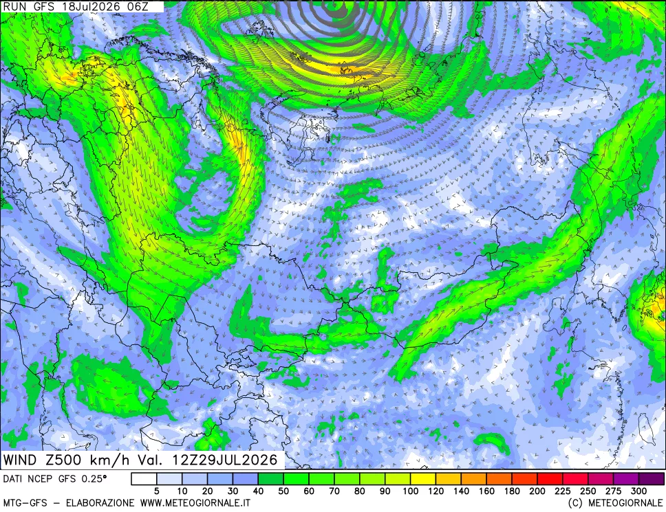 mappa 500 hPa Vento forza e direzione