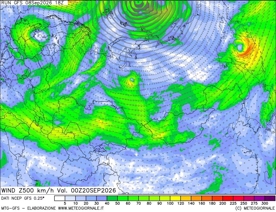 mappa 500 hPa Vento forza e direzione