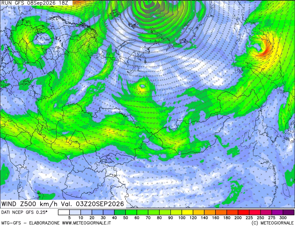 mappa 500 hPa Vento forza e direzione