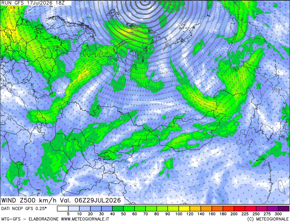 mappa 500 hPa Vento forza e direzione