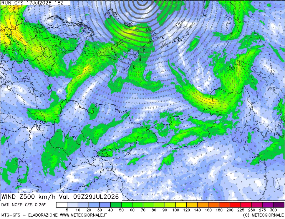 mappa 500 hPa Vento forza e direzione