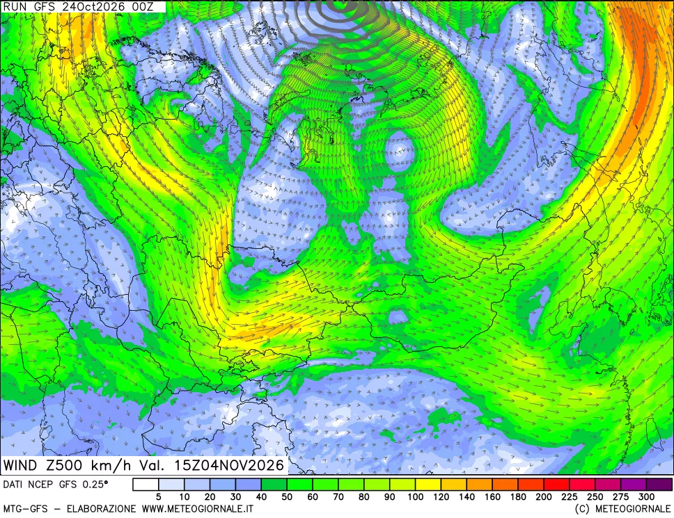 mappa 500 hPa Vento forza e direzione