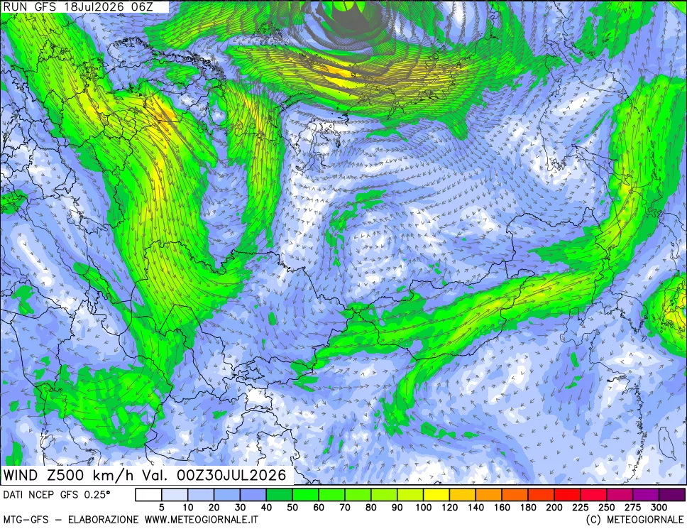 mappa 500 hPa Vento forza e direzione