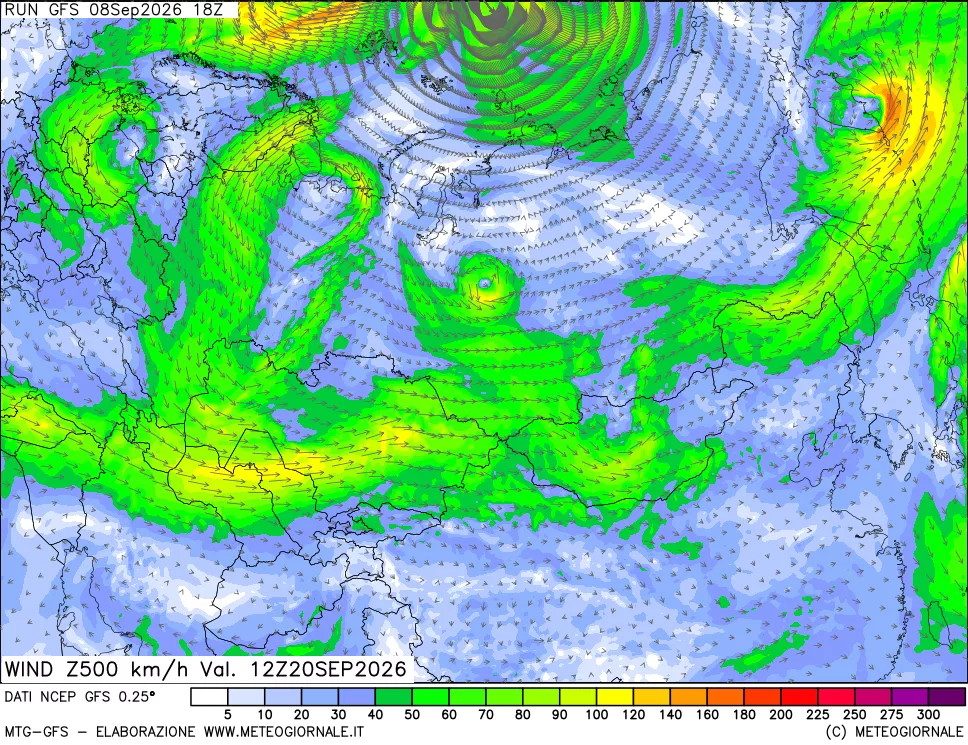 mappa 500 hPa Vento forza e direzione