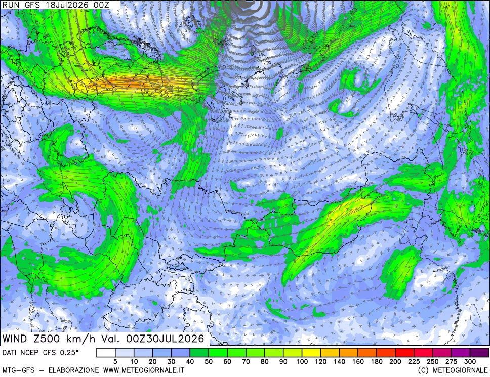mappa 500 hPa Vento forza e direzione